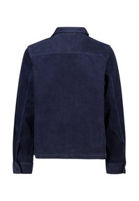 La privilégé jakke i marineblå kordfløjler har en krave, lodret ribbet tekstur, lange ærmer og knappede manchetter, designet med en simpel ryg for en glat styling.