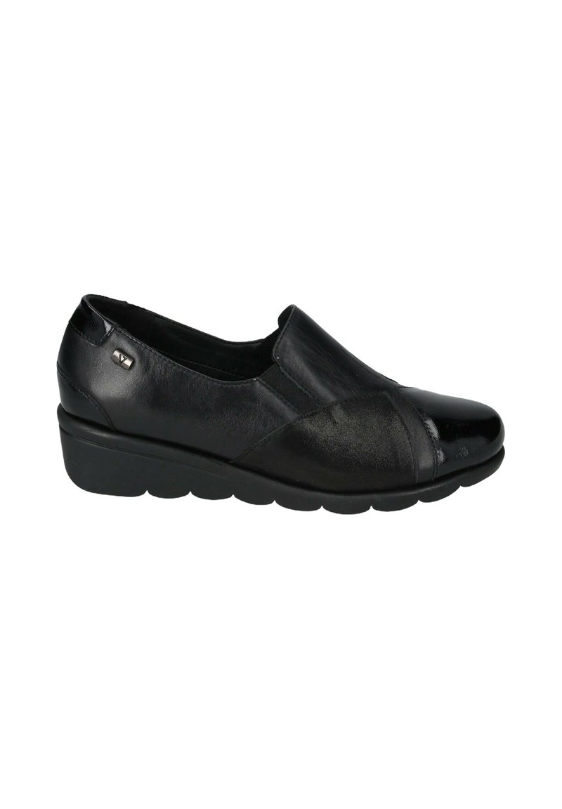 Scarpe slip-on nere in pelle liscia con punta arrotondata, pannelli laterali elastici e suola in gomma a basso tacco. Dettagli in argento sulla parte superiore.