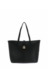 Černá kožená kabelka typu tote s dvěma pevnými uchy, vybavená středovým zlatým kovovým zapínáním a texturovaným povrchem. Jednoduchý a prostorný design.