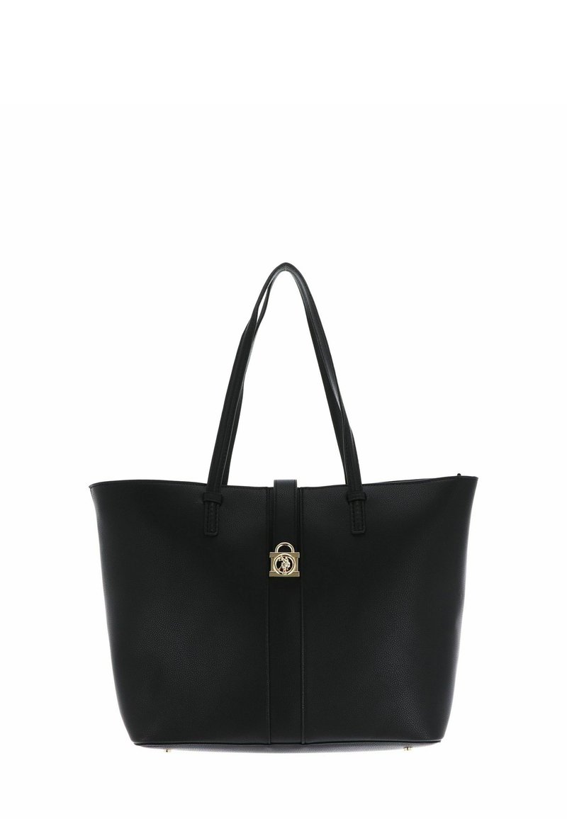 Černá kožená kabelka typu tote s dvěma pevnými uchy, vybavená středovým zlatým kovovým zapínáním a texturovaným povrchem. Jednoduchý a prostorný design.