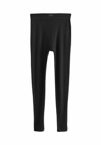 Colanți negri cu o textură canelată. Talie înaltă �și design strâns, fabricați dintr-un material elastic, potrivit pentru îmbrăcăminte sportivă.