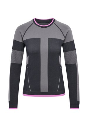 Langarm sporttop in gradient tinten van grijs met roze accenten. Heeft een getextureerd paneelontwerp en een ronde hals.