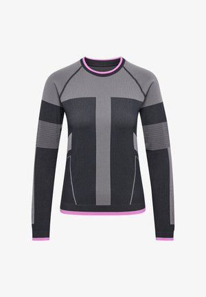 Langarm sporttop in gradient tinten van grijs met roze accenten. Heeft een getextureerd paneelontwerp en een ronde hals.