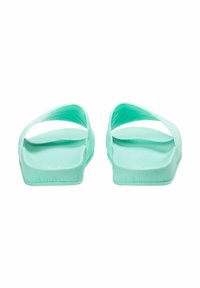 Mint green rubber sandals featuring a smooth, flexible upper strap design and a textured footbed for grip. Flat, minimalist style.