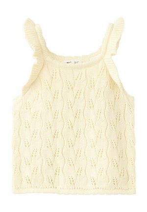 Krémovo sfarbený pletený top bez rukávov s volánikovými ramienkami a jemným kvetinovým čipkovaným vzorom.