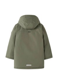 Giacca invernale per bambini di colore verde oliva con cappuccio, maniche lunghe, retro semplice con una piccola striscia riflettente vicino all'orlo.