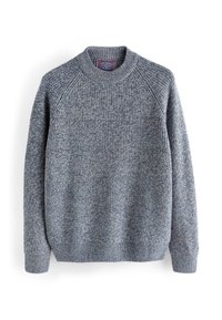 Maglione a maglia mélange blu e grigio con scollo rotondo e maniche lunghe a raglan, esposto piatto su uno sfondo bianco.