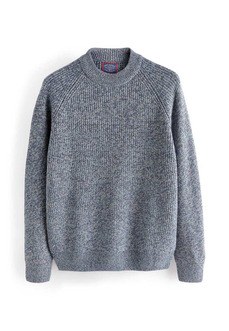Maglione a maglia mélange blu e grigio con scollo rotondo e maniche lunghe a raglan, esposto piatto su uno sfondo bianco.