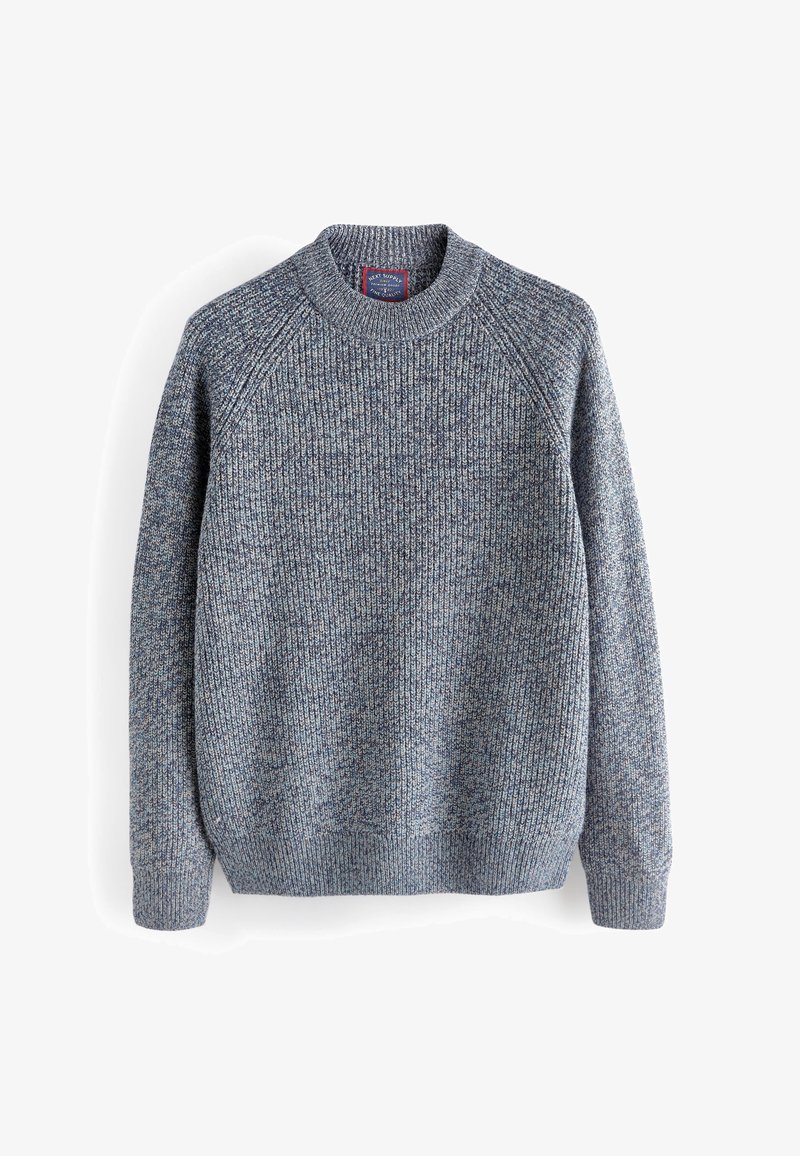 Maglione a maglia mélange blu e grigio con scollo rotondo e maniche lunghe a raglan, esposto piatto su uno sfondo bianco.
