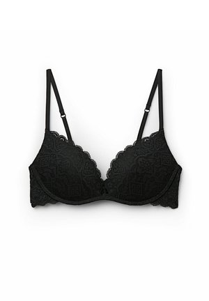 Schwarzer Spitzen-BH mit floralem Muster, gewellten Kanten, verstellbaren dünnen Trägern und vorgeformten Cups für Form und Unterstützung.