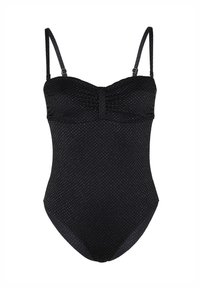 Costume da bagno intero nero con spalline sottili e regolabili, caratterizzato da un motivo a diamante testurizzato e un dettaglio con busto arricciato.