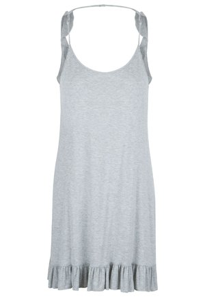 Vestido gris sin mangas con finas tirantes y un dobladillo con volantes. Está hecho de una tela suave con una textura lisa, de diseño casual.