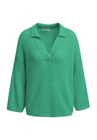 Grüner, locker gestrickter Pullover mit einem Kragen im V-Ausschnitt-Design. Verfügt über weite Ärmel und ein strukturiertes Muster über das gesamte Kleidungsstück.