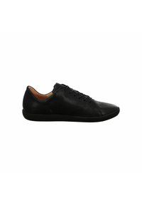 Black leather sneaker featuring a smooth texture, sleek shape, round toe, and minimalistic design with laces and a black rubber sole.