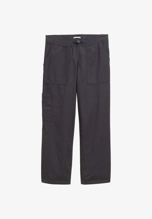 Cargo pants van donkergrijze stof, voorzien van een elastische tailleband, voorzakken en twee zijcargo pockets met een relaxte pasvorm en rechte pijpen.