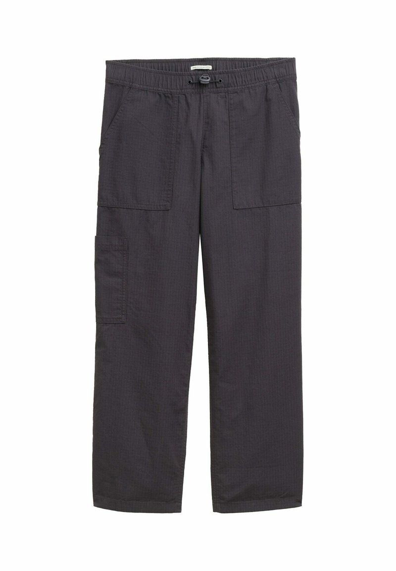 Cargo pants van donkergrijze stof, voorzien van een elastische tailleband, voorzakken en twee zijcargo pockets met een relaxte pasvorm en rechte pijpen.