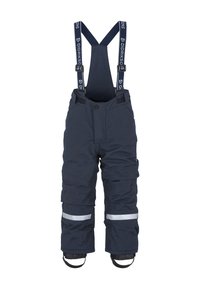 Mörkblå snöbyxor med justerbara hängslen, som har reflexstriper, en knappstängning och elastiska benslut för en säker passform.