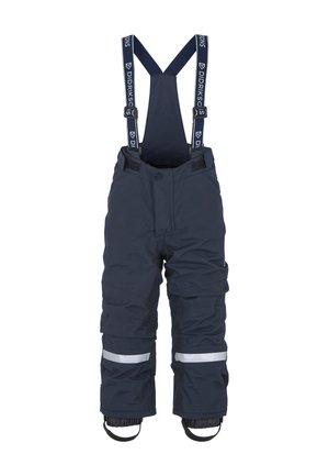 Pantalons de neige bleu marine avec bretelles réglables, dotés de bandes réfléchissantes, d'une fermeture à bouton et de poignets élastiques pour un ajustement sécurisé.