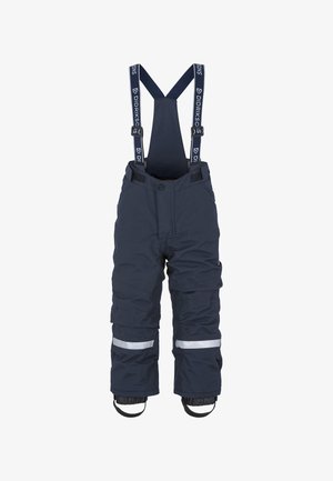 Tummansinisiä lumihousuja säädettävillä olkahihnoilla, joissa on heijastavat raidat, nappikiinnitys ja joustavat lahkeensuukappaleet turvallisen istuvuuden takaamiseksi.