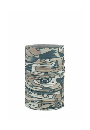 Multifunktionaler Tubular-Halswärmer mit abstraktem, von Outdoor inspirieren Muster in Beige-, Blau- und Weißtönen, Marke „Buff“.