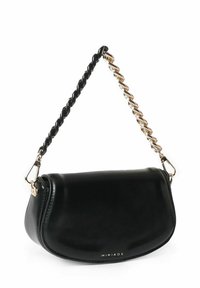 Borsa a spalla in pelle nera con una forma curvata, dotata di una tracolla intrecciata nera e oro e dettagli in oro.