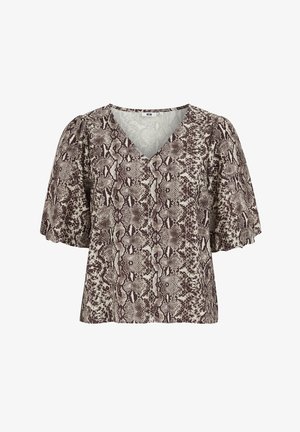 Rövid ujjú felső V-nyakú kivitelben, könnyű anyagból, barna és krémszínű kígyómintás mintával.