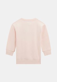 Felpa rosa chiaro con collo rotondo, maniche lunghe, polsini e orlo a coste, e una texture liscia e morbida. La vista posteriore mostra un design minimal.