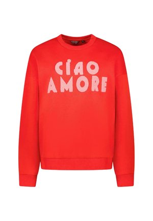 Rode sweatshirt met de tekst "Ciao Amore" in fluffy roze letters, ronde hals, lange mouwen en geribde manchetten.