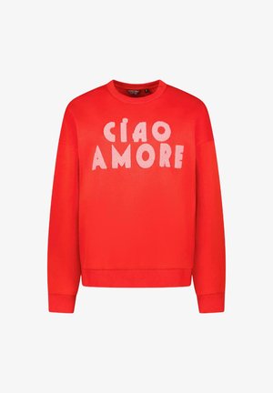 Rode sweatshirt met de tekst "Ciao Amore" in fluffy roze letters, ronde hals, lange mouwen en geribde manchetten.