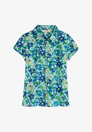 Kurzarmpoloshirt mit einem lebhaften Blumenmuster in Blau, Grün und Gelb, mit Knopfverschluss und leichtem Stoff.