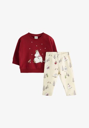 Rød bomulds sweatshirt med Moomin-tryk og snefnug, parret med crèmefarvede leggings med et naturinspireret mønster og elastisk talje.
