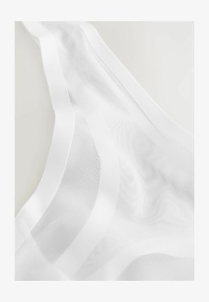 White sheer fabric with a fine mesh texture, featuring wavy patterns and soft edges, creating a lightweight and airy appearance.