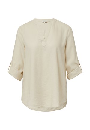 Jasno beżowa lniana koszula z dekoltem w serek, rękawami o długości 3/4 i podwiniętymi mankietami; charakteryzuje się luźnym krojem i subtelną teksturą.
