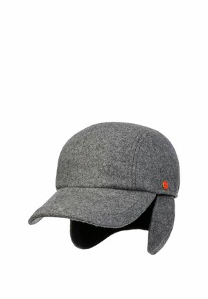 Gray woolen winter cap with a curved brim and attached ear flaps, featuring a small red circular logo on the side.
