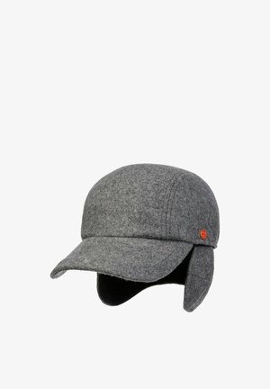 Gray woolen winter cap with a curved brim and attached ear flaps, featuring a small red circular logo on the side.
