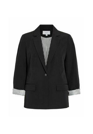 Blazer noir à un bouton avec revers crantés, deux poches à rabat, et manches retroussées révélant une doublure rayée noire et blanche.