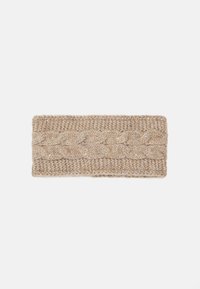 Strick-Stirnband in hellbeige mit erhöhtem Zopfmuster; weiche Textur mit dezentem Schimmer durch eingearbeitete Pailletten; rechteckige Form.