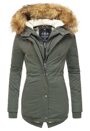 Olive green parka jacket with a faux fur hood, zip and snap closure, drawstring waist, and ribbed cuffs. Soft inner lining visible.