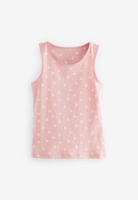 Roze tanktop van zacht stof met witte stippen, met een ronde halslijn en zonder mouwen. Een gladde textuur overal.