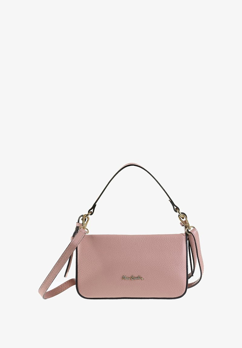 Borsa a tracolla rosa in pelle con finitura testurizzata, bordo nero, hardware dorato e doppie cinghie per opzioni di trasporto versatili.