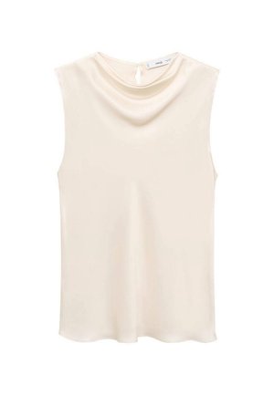 Cream-colored sleeveless blouse with a draped neckline and a small back keyhole detail, made from smooth, lightweight fabric.