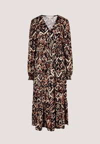 Langärmliges Kleid mit schwarzem Hintergrund und komplizierten beige- und rostfarbigen Mustern, V-Ausschnitt, geraffter Taille und Rüschensaum.