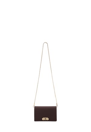 Brown leather crossbody bag with a rectangular shape, gold-tone hardware, and a chain strap. Smooth texture with a clasp closure detail.