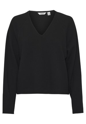 Felpa nera a scollo a V con maniche raglan lunghe. Tessuto testurizzato con un motivo sottile. Collo a costine e design con vestibilità rilassata.