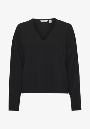 Felpa nera a scollo a V con maniche raglan lunghe. Tessuto testurizzato con un motivo sottile. Collo a costine e design con vestibilità rilassata.