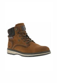 Bottine en suede marron avec col en textile gris, design à lacets, bout renforcé et semelle en caoutchouc. Présente des accents latéraux et un détail imperméable.