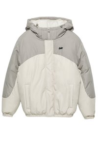 Dynejakke i lysegrå og creme med hætte, der har lynlås, elastiske manchetter og sidelommer. Tekstureret stof med kontrastfarver.