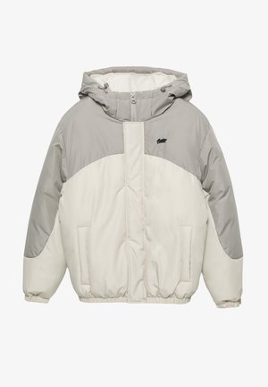 Kurtka puchowa w jasnoszarym i kremowym kolorze z kapturem, wyposażona w suwak, elastyczne mankiety i boczne kieszenie. Tkanina o fakturze z kontrastującymi kolorami.