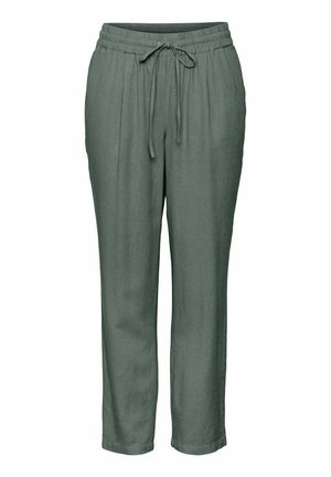 Grønne drawstring bukser laget av mykt materiale, med en avslappet passform, innsnevrede ben og to sidelommer for enkelhet.