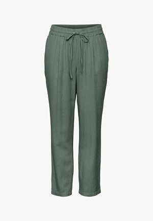 Grønne drawstring bukser laget av mykt materiale, med en avslappet passform, innsnevrede ben og to sidelommer for enkelhet.